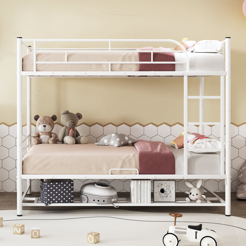 Twin Over Twin Metal Bunk Bed with Shelf and Guardrails, White