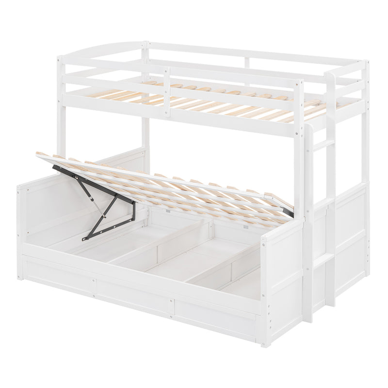 Wood Twin over Full Bunk Bed with Hydraulic Lift Up Storage, White