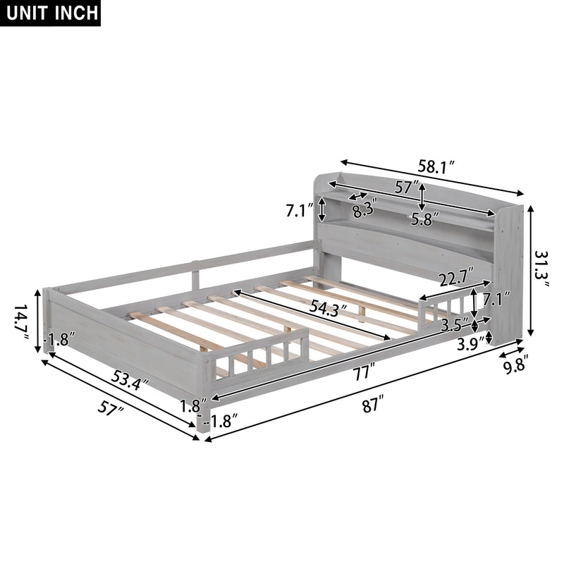 Wood Full Size Platform Bed with Built-in LED Light, Storage Headboard and Guardrail, Antique Grey