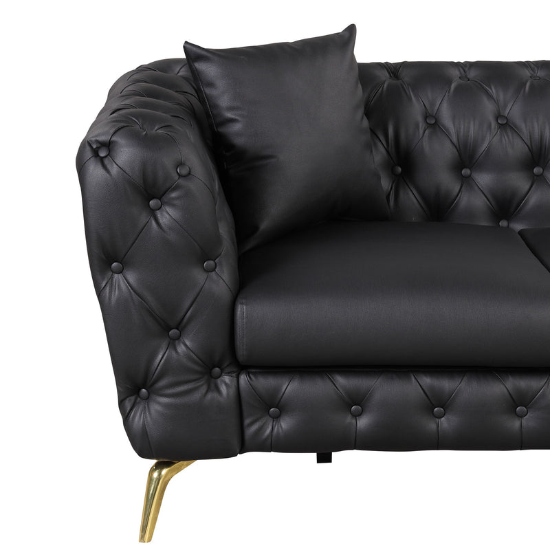 Modern Sofa Couch PU Upholstered Loveseat Sofa With Sturdy Metal Legs, Button Tufted Back For Living Room, Apartment, Home Office - Black