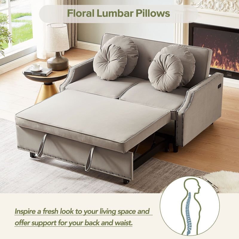 Multiple Adjustable Positions Sofa Bed Stylish Sofa Bed With A Button Tufted Backrest, Two USB Ports And Four Floral Lumbar Pillows For Living Room, Bedroom, Or Small Space