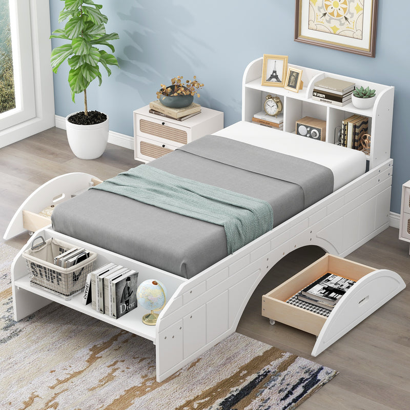 Wood Twin Size Platform Bed with 2 Drawers, Storage  Headboard and Footboard, White