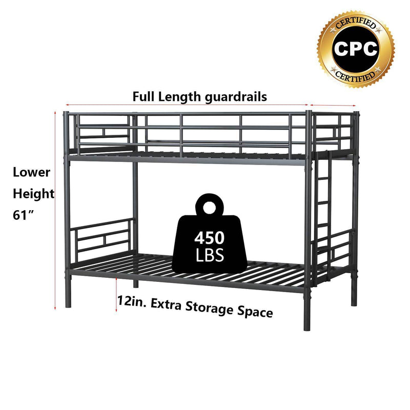 Black Twin over Twin Metal Bunk Bed with Removable Ladder, Comfortable Rungs, Easy to assemble