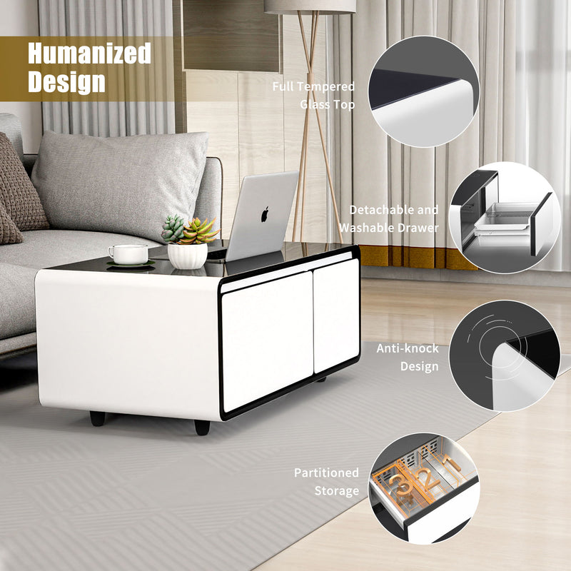 Modern Smart Coffee Table With Built In Fridge, Outlet Protection, Wireless Charging, Mechanical Temperature Control, Power Socket, USB Interface And Ice Water Interface