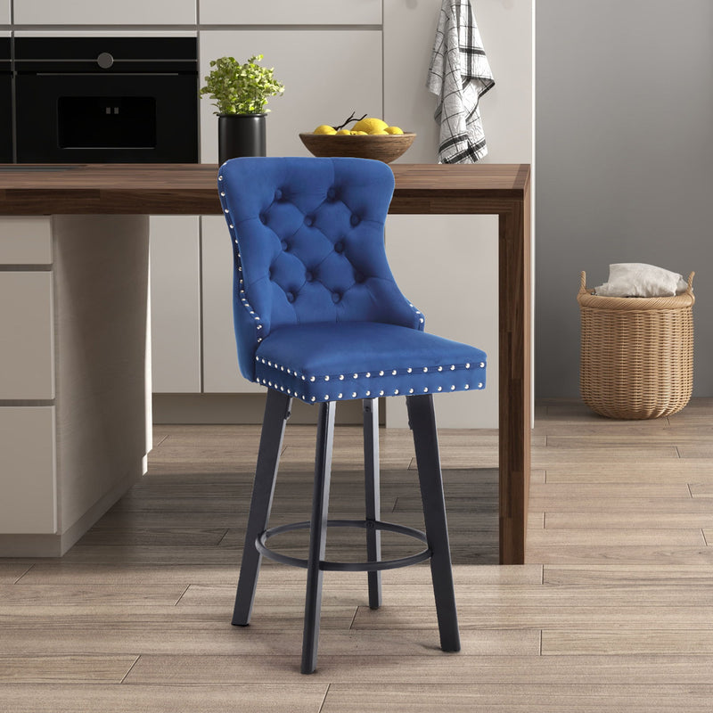 Ys - Modern Swivel Bar Stools Velvet Barstools Button Tufted Bar Stools Rivet Trim Bar Stools For Kitchen Island, Bistro, With Metal Pull Ring Sturdy Footrest Large Backrest For Home Bar - Blue