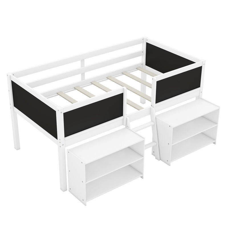 Twin Size Low Loft Bed with Two Movable Shelves and Ladder,with Decorative Guardrail Chalkboard,White(Old SKU: WF283286AAK)