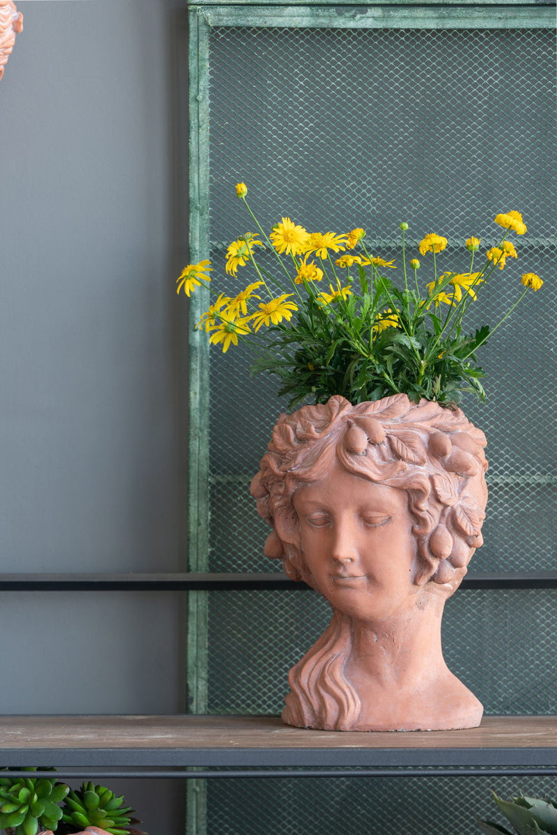 8X9X11.5" Head Bust Planter, Greek Style Cement Head Planter, Indoor Outdoor Home Garden Decor - Brown