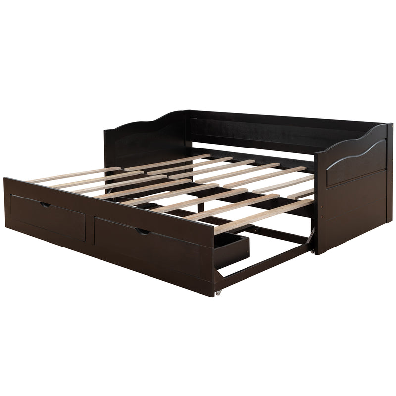 Wooden Daybed with Trundle Bed and Two Storage Drawers , Extendable Bed Daybed,Sofa Bed with Two Drawers, Espresso