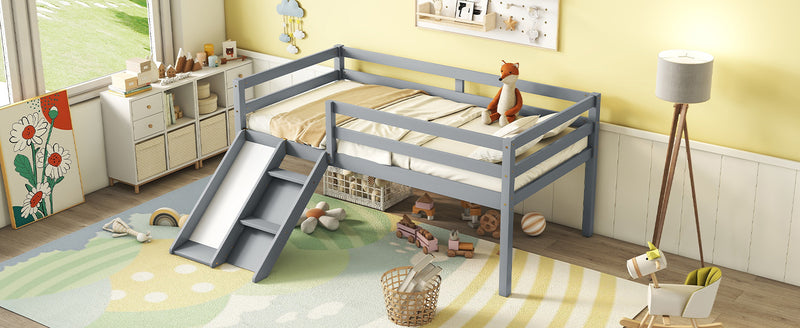 Twin Low Loft Bed with Slide,  Ladder, Safety Guardrails, No Box Spring Needed,Grey