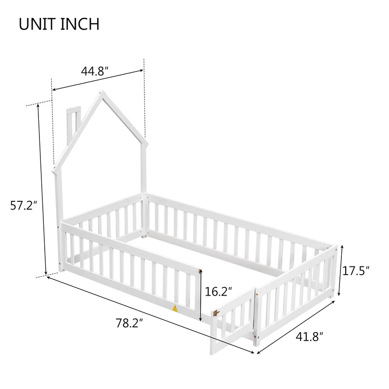 Twin House-Shaped Headboard Floor Bed with Fence,White