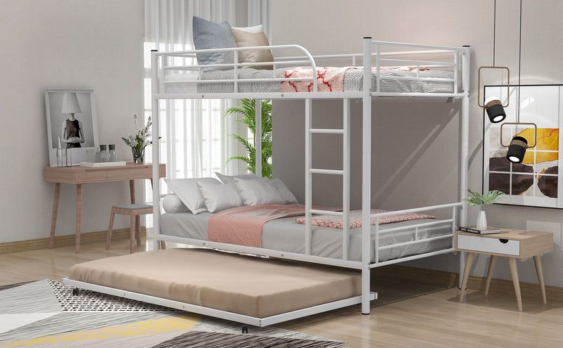 Twin Over Twin Metal Bunk Bed With Trundle (Can Be Divided Into Two Beds), No Box Spring Needed - White