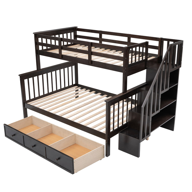 Twin Over Full Stairway Bunk Bed With Drawer, Storage And Guard Rail For Bedroom, Dorm, For Adults