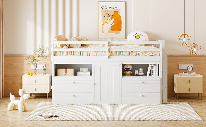 Twin Size Loft Bed with 4 Drawers, Underneath Cabinet and Shelves, White