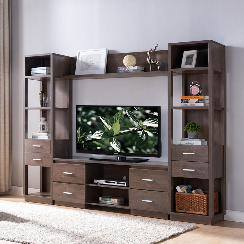 Media Tower, Display Storage Cabinet With Two Drawers And Open Shelving - Walnut Oak