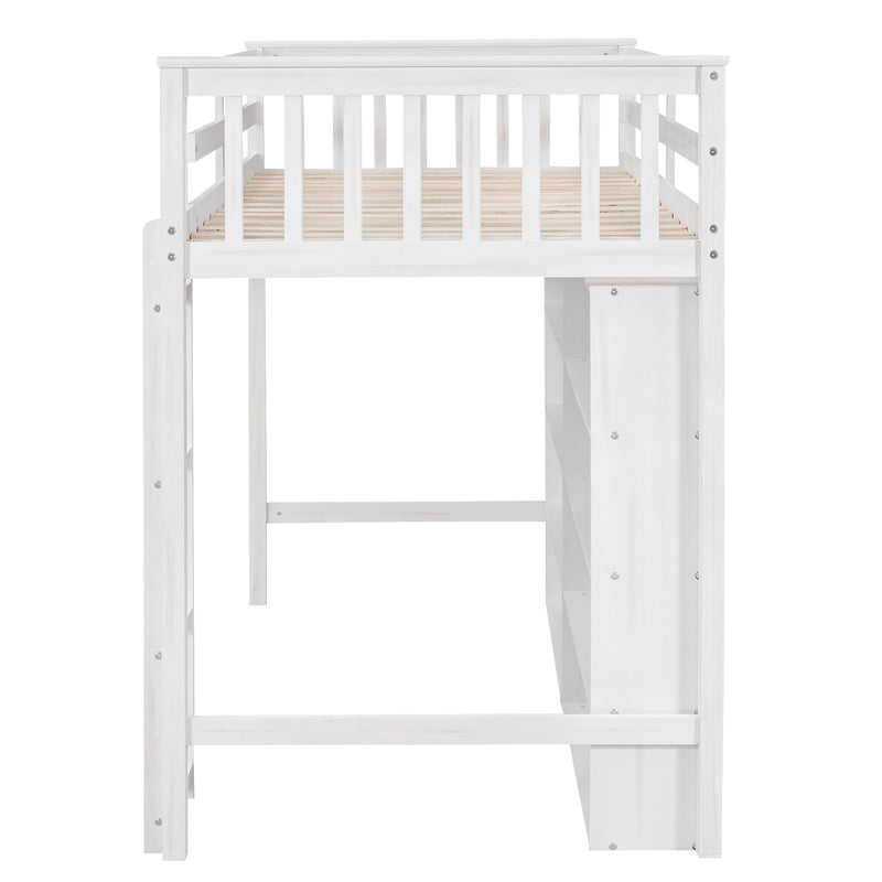 Twin Size Loft Bed with 8 Open Storage Shelves and Built-in Ladder, White