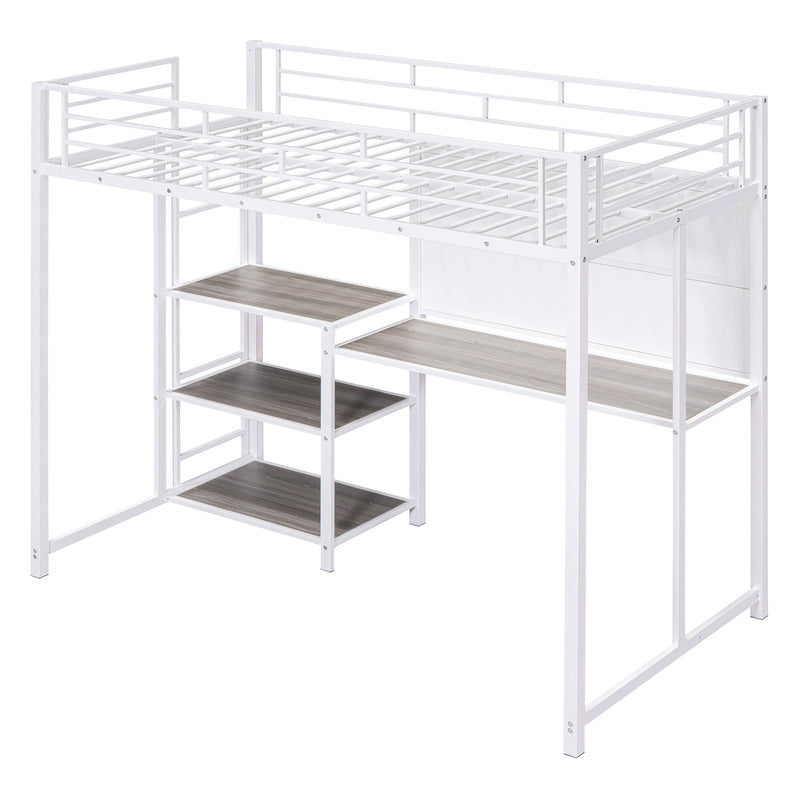 Twin Size Loft Bed With Desk And Whiteboard, Metal Loft Bed With 3 Shelves And Ladder - White