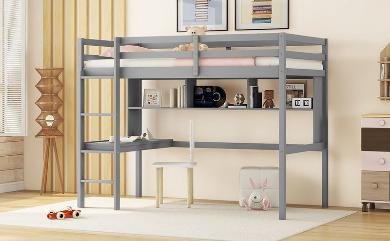 Loft Bed With Desk And Shelves, Safety Guardrail And Ladder