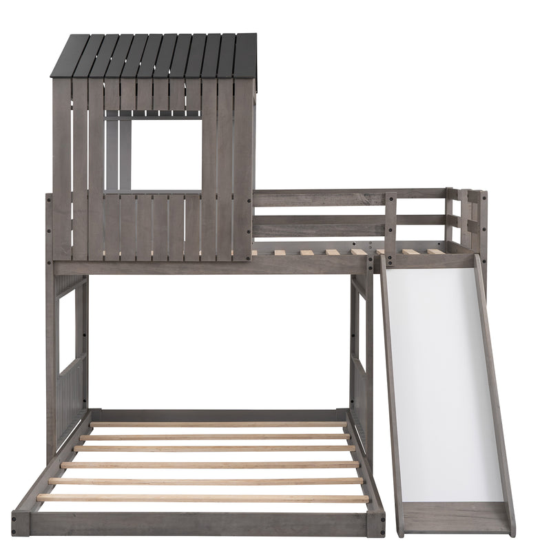 Wooden Twin Over Full Bunk Bed, Loft Bed with Playhouse, Farmhouse, Ladder, Slide and Guardrails, Antique Gray(OLD SKU :LT000028AAE)