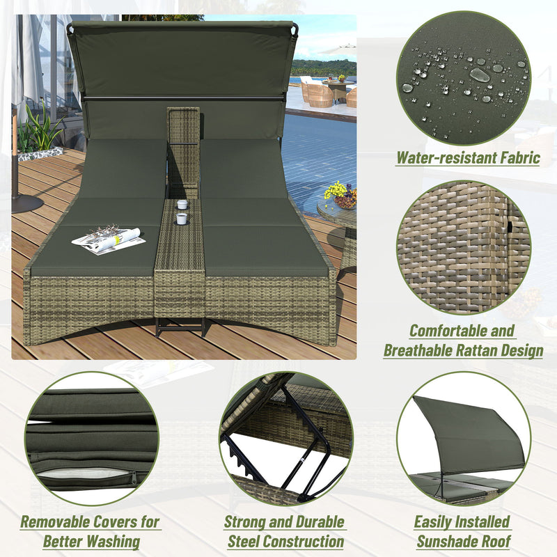 Patio Daybed Outdoor Daybed Sun Lounger With Shelter Roof With Adjustable Backrest, Storage Box And 2 Cup Holders For Patio, Balcony, Poolside