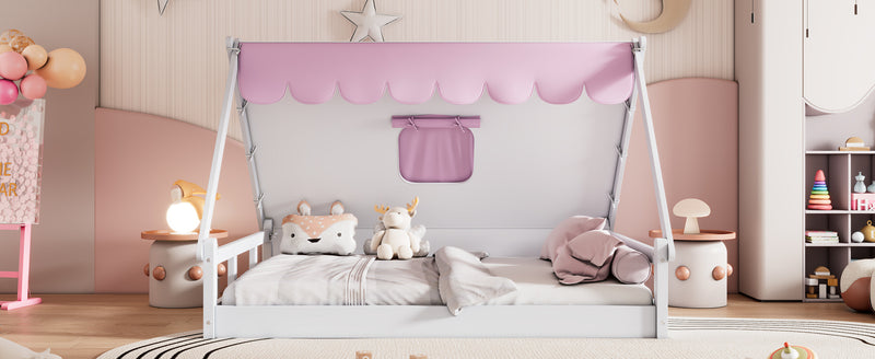 Wooden Full Size Tent Bed with Fabric for Kids,Platform Bed with Fence and Roof, White+Pink