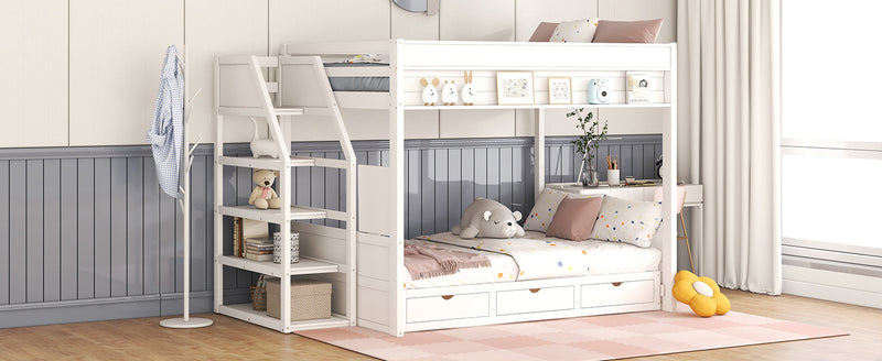 Wood Full Size Convertible Bunk Bed with Storage Staircase, Bedside Table, and 3 Drawers, White