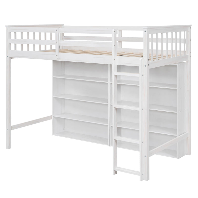 Twin Size Loft Bed with 8 Open Storage Shelves and Built-in Ladder, White