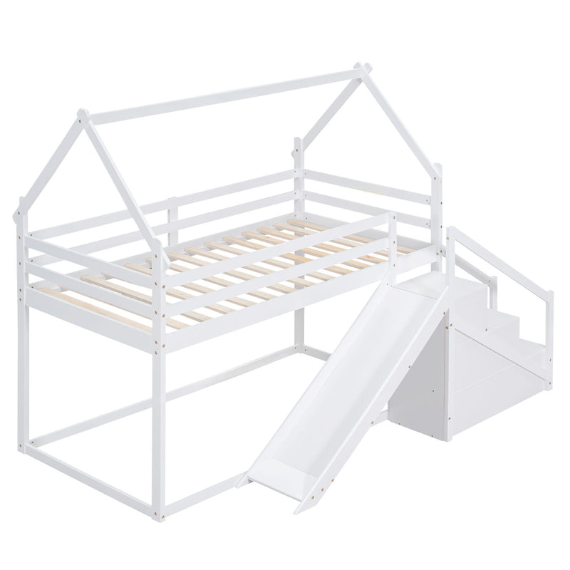 Twin Over Twin House Loft Or Bunk Bed With Slide And Staircase