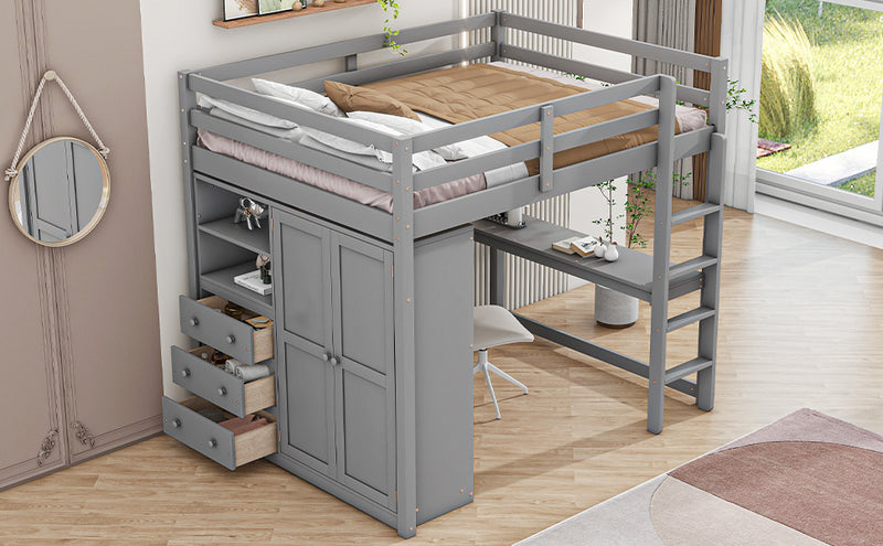 Wood Full Size Loft Bed with Built-in Wardrobe, Desk, Storage Shelves and Drawers, Gray