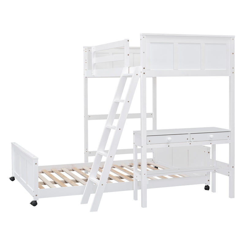 Twin Over Full Bunk Bed with Desk, White