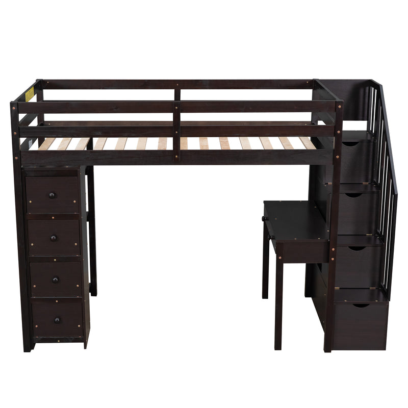 Twin size Loft Bed with Storage Drawers ,Desk and Stairs, Wooden Loft Bed with Shelves - Espresso