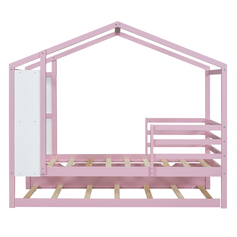 Twin Size Wood House Bed with Fence and Writing Board,Pink