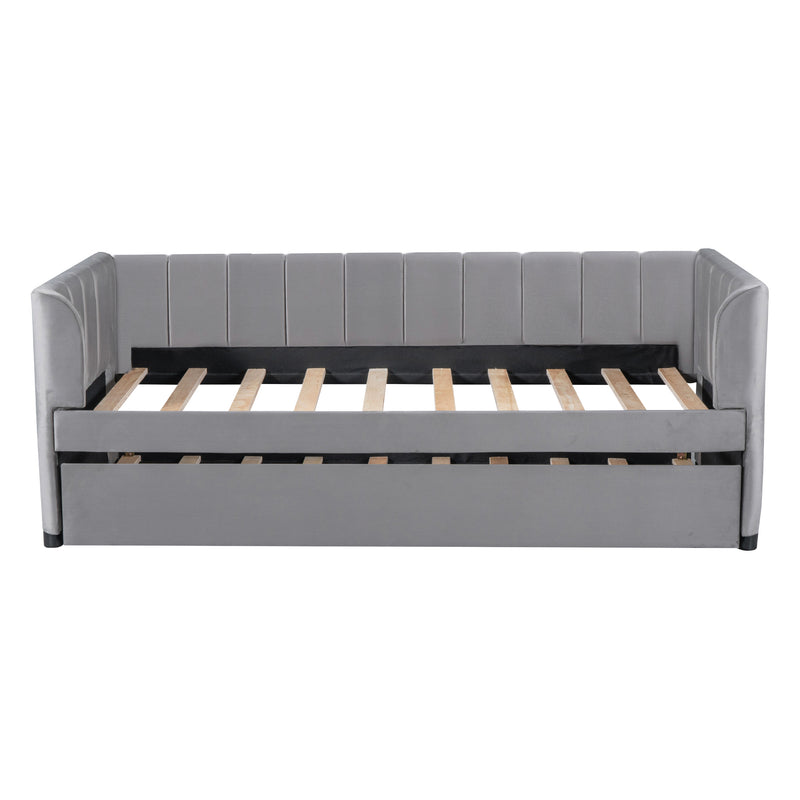 Twin Size Upholstered Daybed with Ergonomic Design Backrest and Trundle, Gray