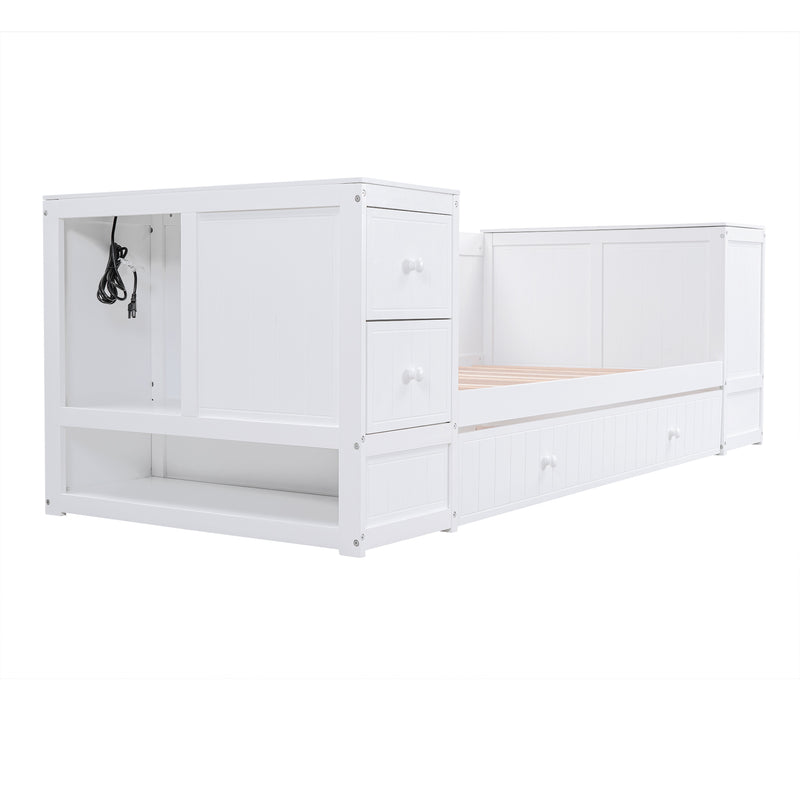 Twin Size Daybed with Storage Arms, Trundle and Charging Station, White