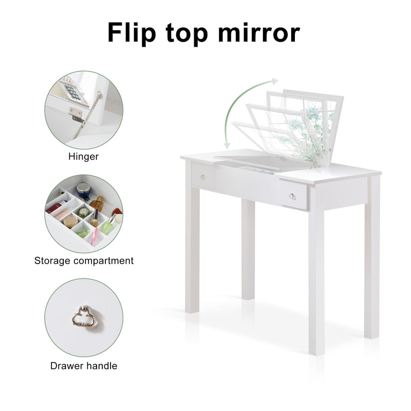 Accent Vanity Table With Flip-Top Mirror And 2 Drawers, Jewelry Storage For Women Dressing - White