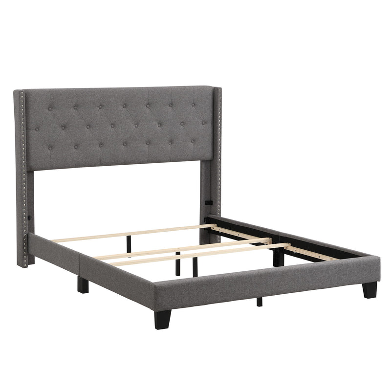 Queen Size Upholstered Platform Bed With Classic Headboard, No Box Spring Needed - Gray