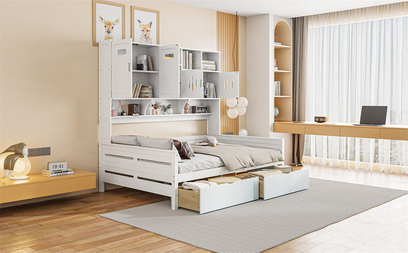 Wooden Daybed With 2 Drawers, And All-In-One Cabinet And Shelf