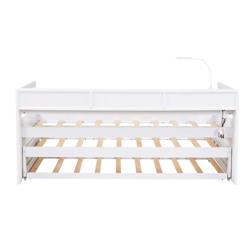 Twin XL Wood Daybed with 2 Trundles, 3 Storage Cubbies, 1 Light for Free and USB Charging Design, White