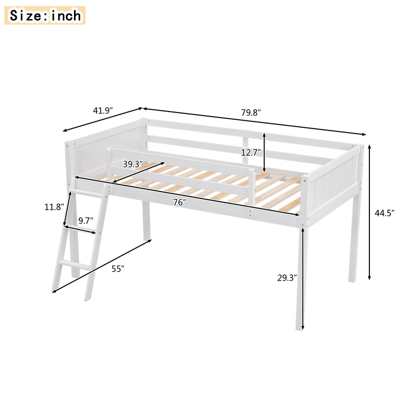 Twin Size Wood Loft Bed with Ladder, ladder can be placed on the left or right, White