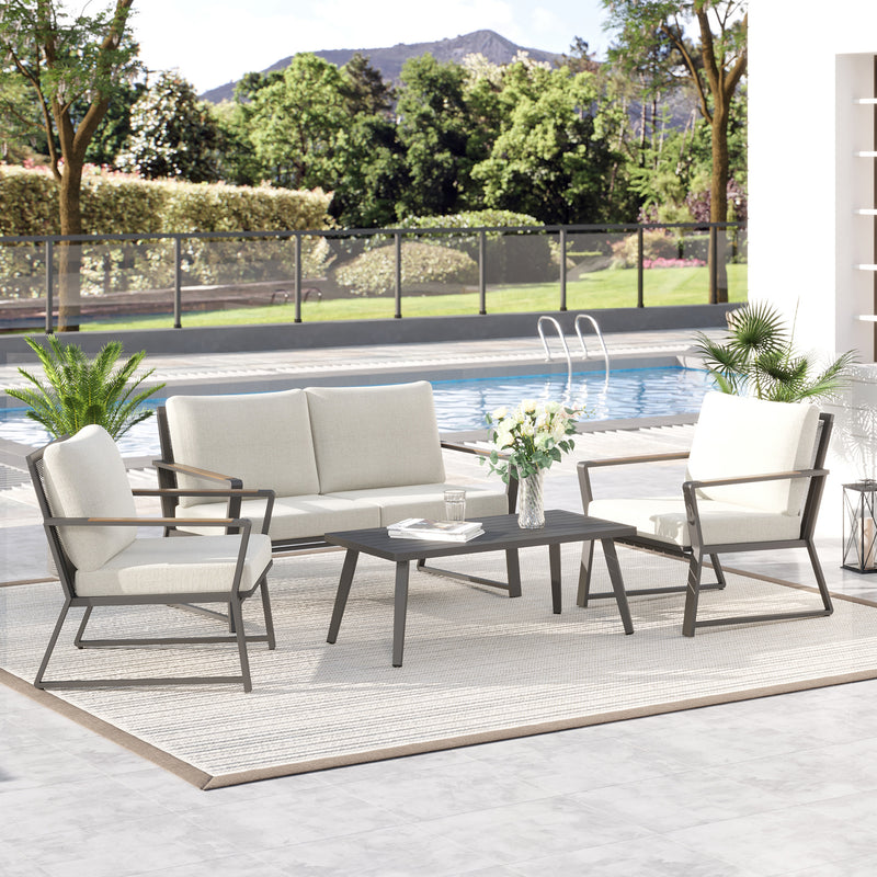 4 Piece Patio Furniture Set, Aluminum Conversation Set, Outdoor Garden Sofa Set with Armchairs, Loveseat, Center Coffee Table and Cushions, Cream White