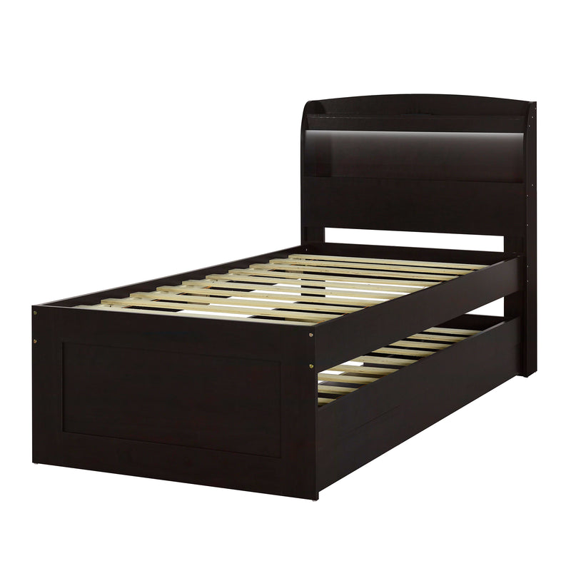 Twin XL Size Platform Bed with Storage LED Headboard, Charging Station, Twin Size Trundle and 2 Drawers, Dark Brown