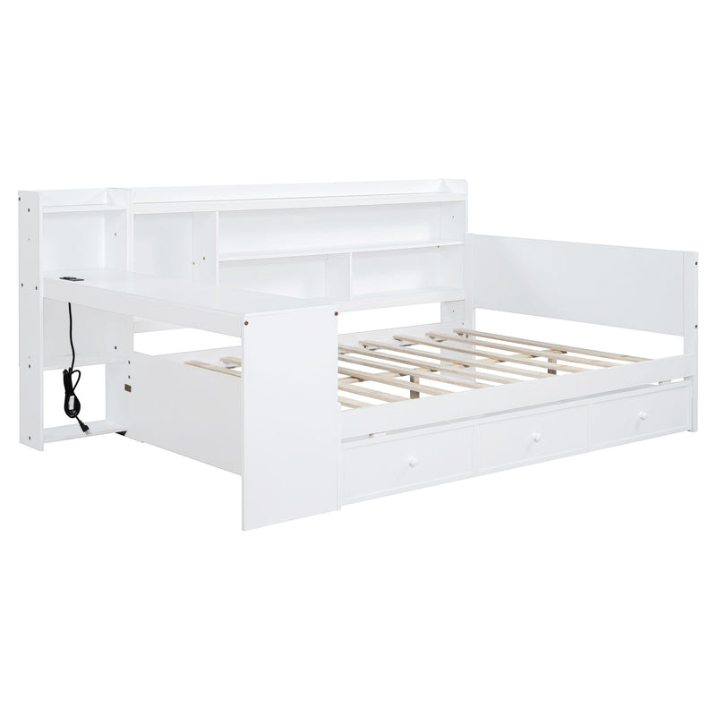 Full Size Wooden Daybed With 3 Drawers, USB Ports And Desk - White