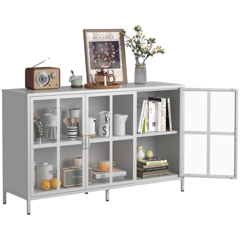 Heavy Duty Metal Modern Sideboard Buffet Cabinet With Storage Premium Steel Storage Cabinet, Adjustable Feet, Glass Doors, Large Capacity Organizer