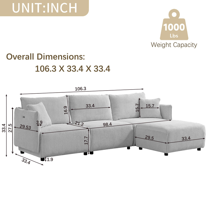 106" Multi-Module Combination Style Sofa For Living Room, Bedroom And Other Lounge Spaces, Modern Minimalist Corduroy Combination Sofa With 2 Comfort Cushions With USB & C Charging Ports - Beige