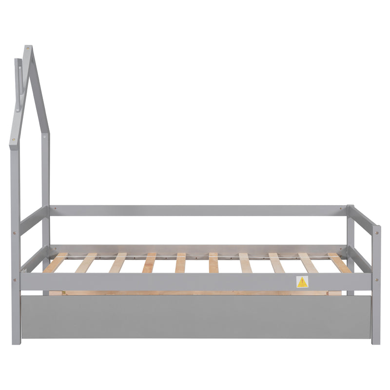 Twin House Wooden Daybed with trundle, Twin House-Shaped Headboard  bed with Guardrails,Grey