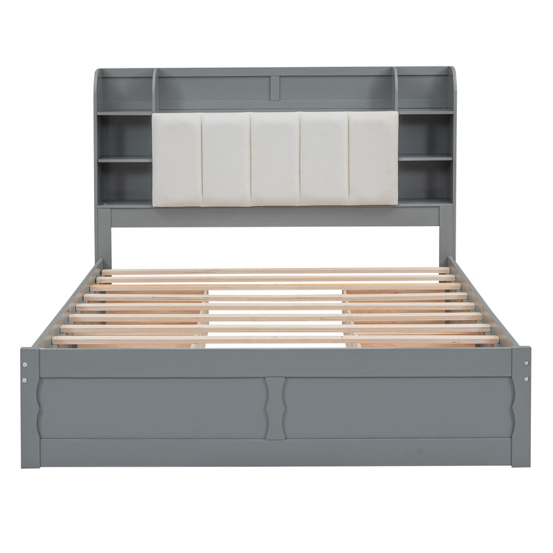 Wood Queen Size Platform Bed with Storage Headboard, Shelves and 4 Drawers, Gray