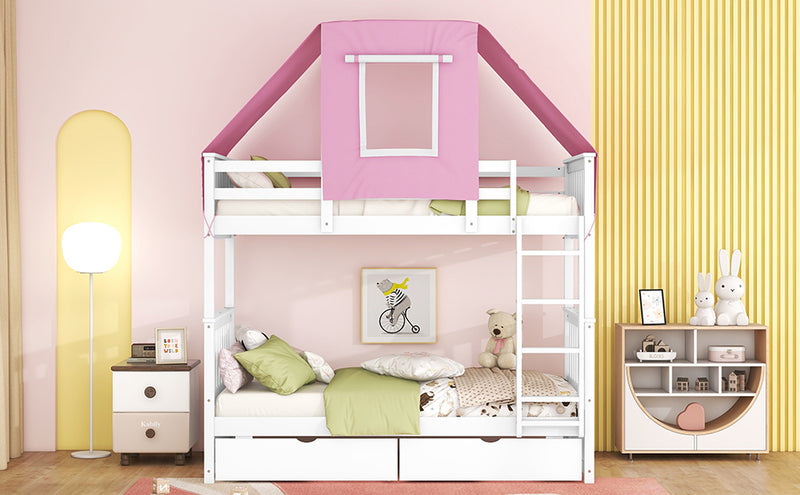 Twin Over Twin Bunk Bed Wood Bed with Tent and Drawers, White+Pink Tent