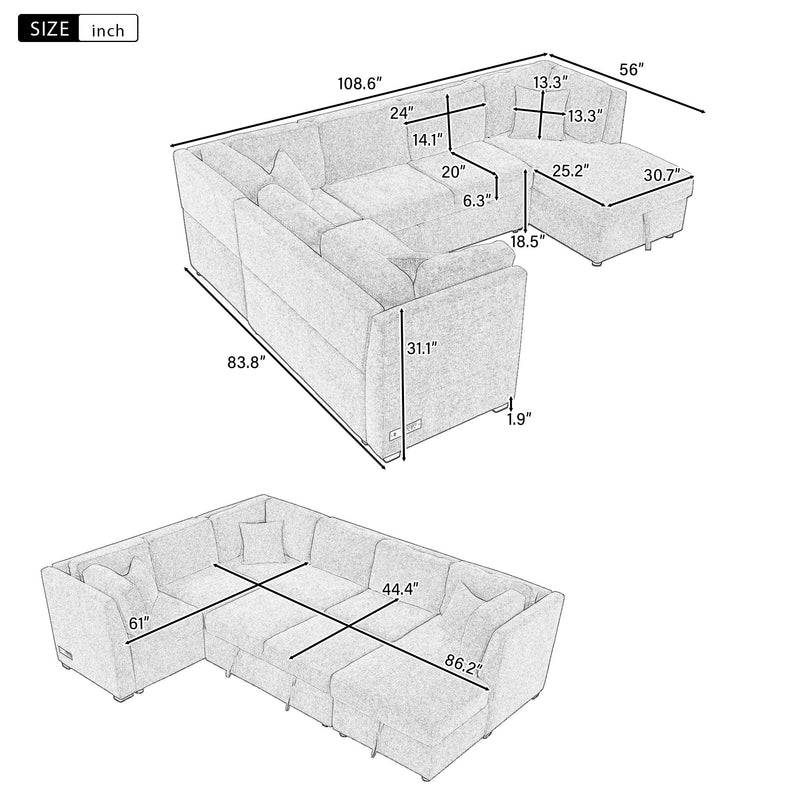 U-Shaped Sectional Sofa Pull Out Sofa Bed With Two USB Ports, Two Power Sockets, Three Back Pillows And A Storage Chaise For Living Room