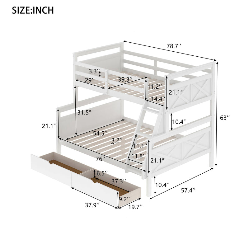 Twin Over Full Bunk Bed With Ladder, Two Storage Drawers, Safety Guardrail