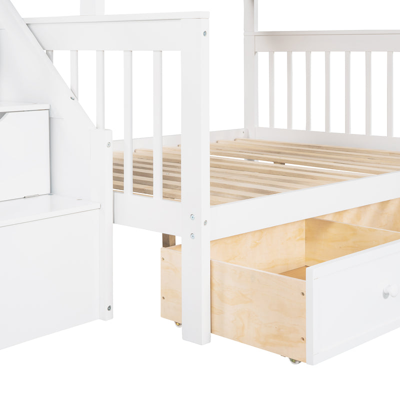 Twin over Full L-Shaped Bunk Bed With 3 Drawers, Ladder and Staircase - White