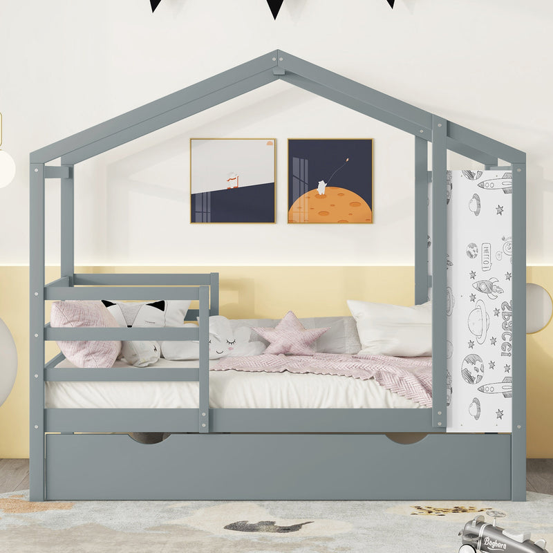 Twin Size Wood House Bed with Fence and Writing Board, Gray